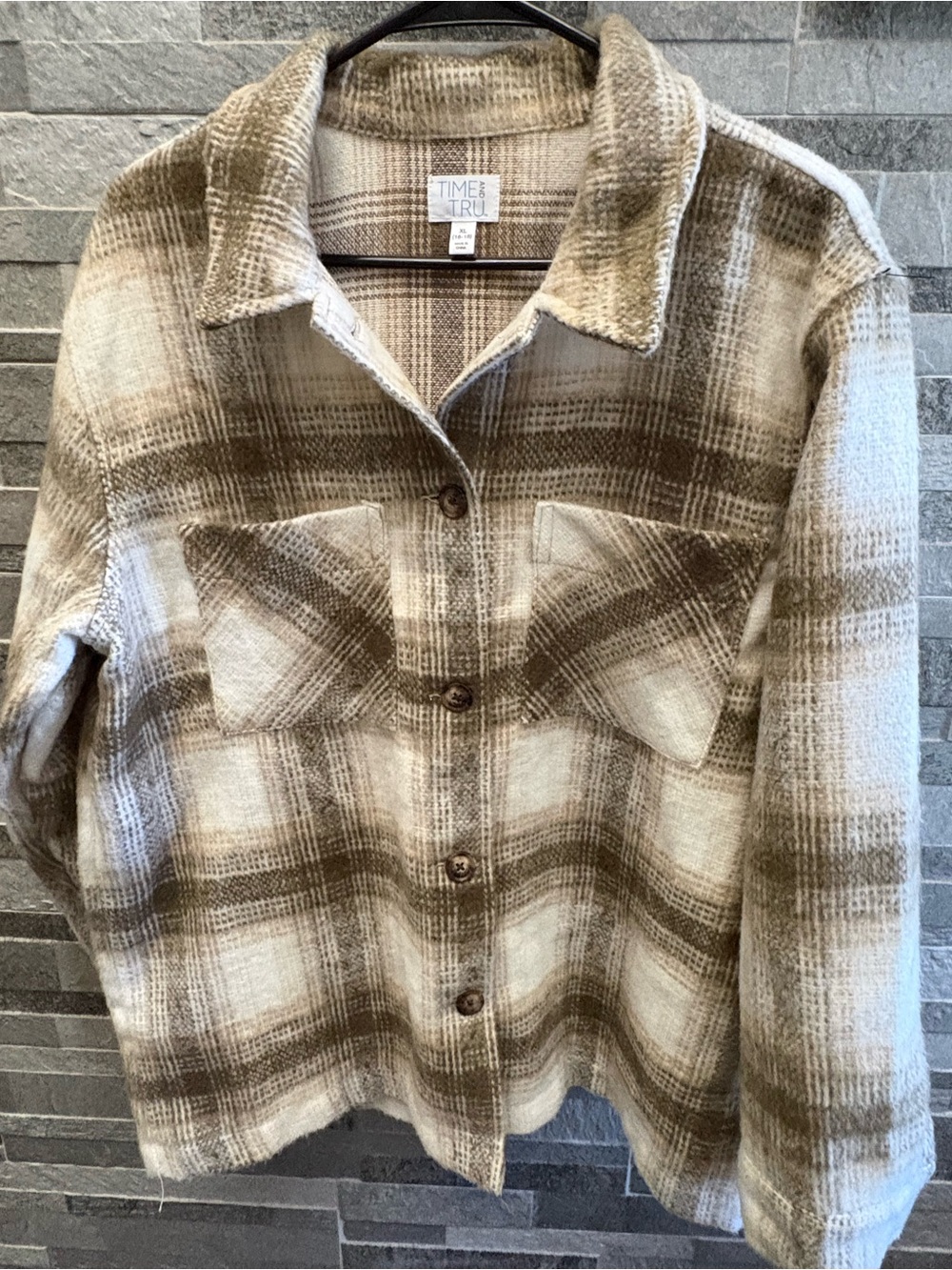 Time and Tru Brown and Cream Plaid Button-Front Shacket
